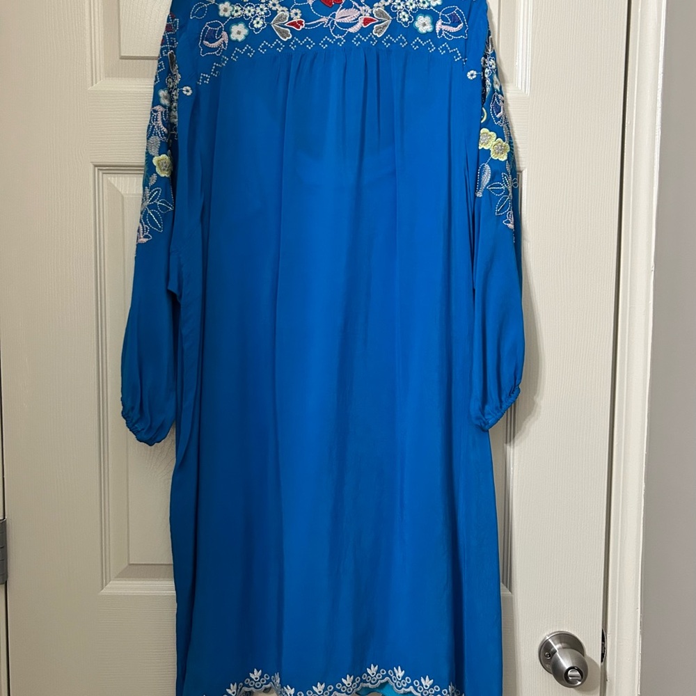Johnny Was Turquoise Blue Embroidered Floral Tunic Dress - Picture 6 of 7